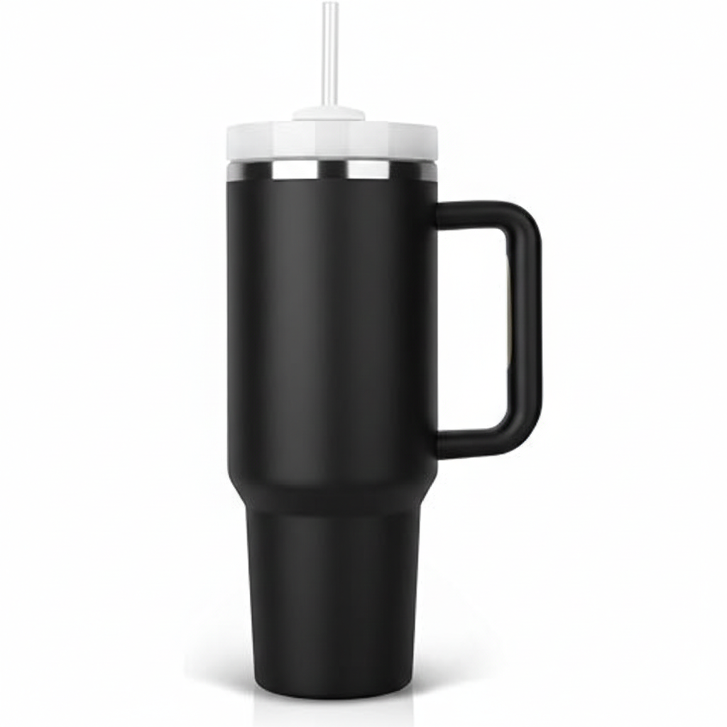 Flowsta Midnight Black Tumbler – 1200ml with Handle & Straw