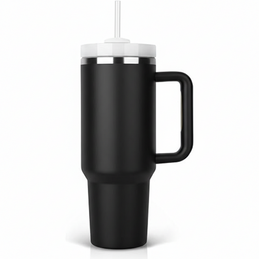 Flowsta Midnight Black Tumbler – 1200ml with Handle & Straw